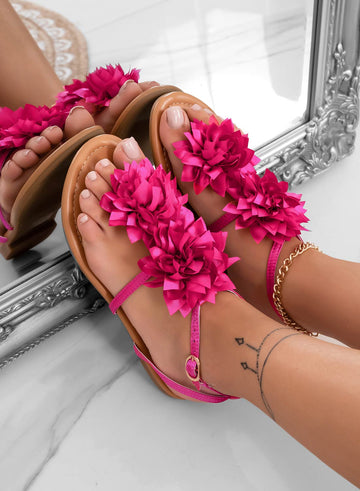 CONNIE - Fuchsia satin thong sandals with applied flower