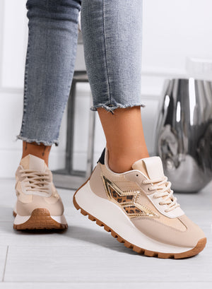 CLARISSA - Beige sneakers with leopard detail and thick sole