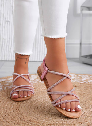 LISA - Pink flat jeweled sandals with rhinestone straps