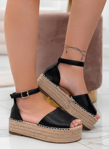 LICIA - Black faux leather espadrilles with wedge and ankle strap