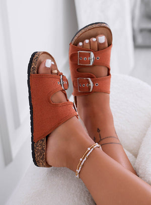 KETTY - Terracotta fabric slide sandals with buckles