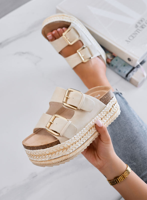 DANIEL - Sandali beige ciabatte platform con doppia fibbia e suola in corda