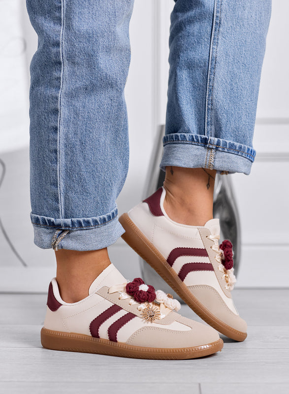 MELISSA - Sneakers beige e bordeaux con fiori crochet