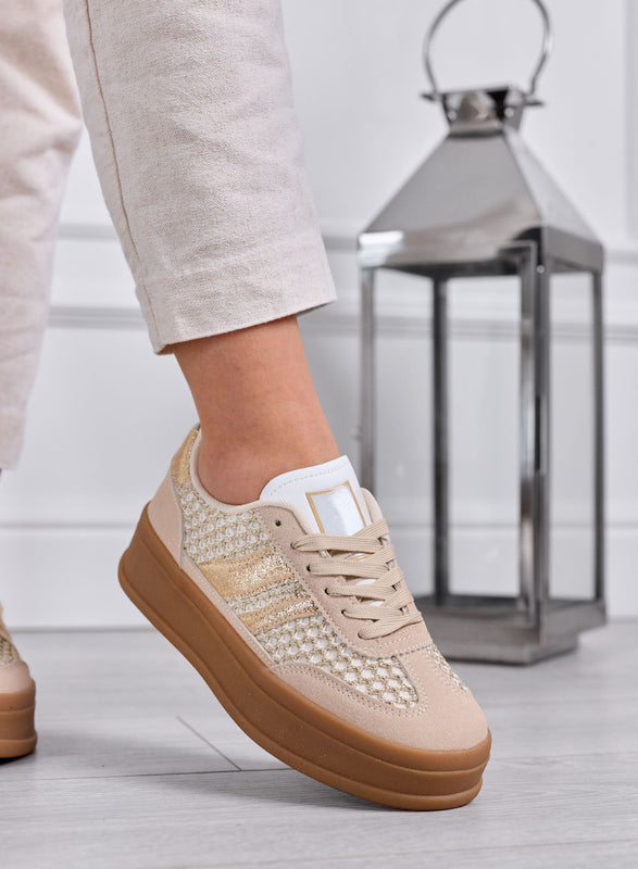 MARISOL - Baskets beiges avec inserts dorés et semelle en caoutchouc