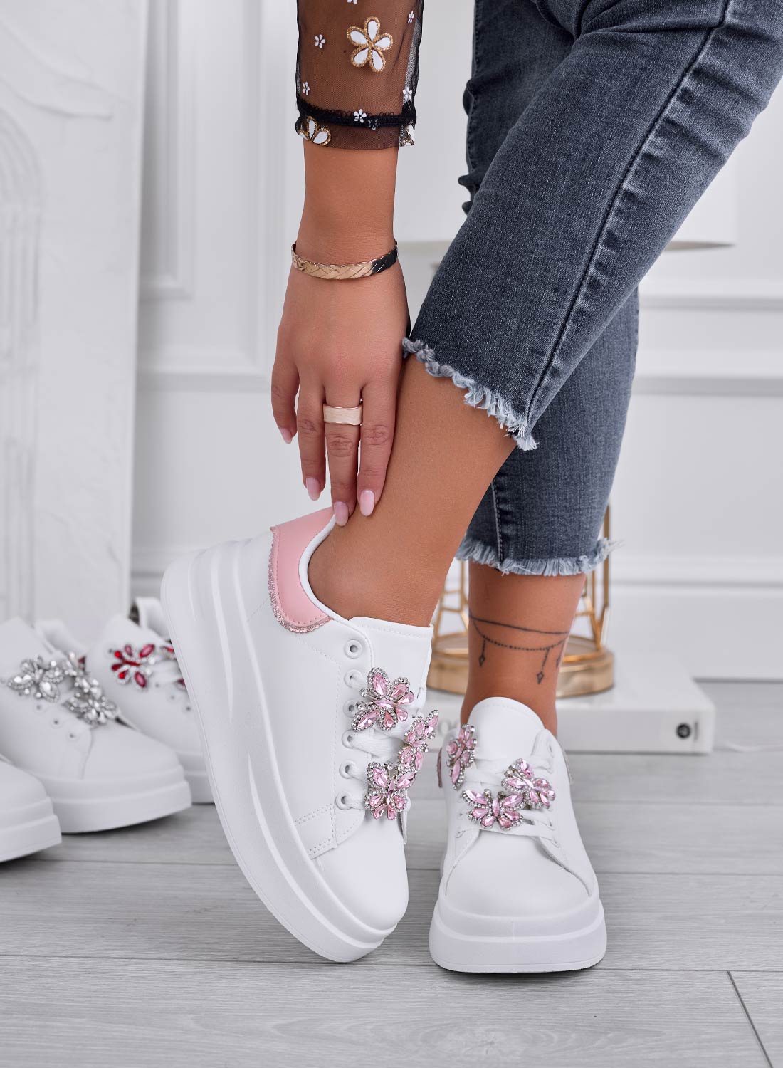 IRENE - White sneakers with pink heel and jeweled butterflies