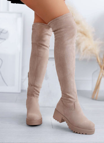 GLORIA - Bottes Alexoo beige en daim jusqu'à la cuisse