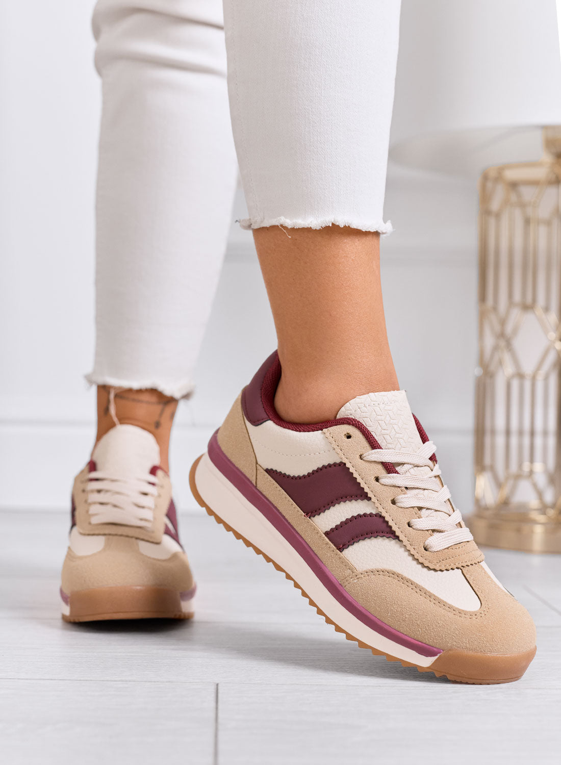 BIELLA - Mud-colored fabric sneakers with burgundy details and rubber sole