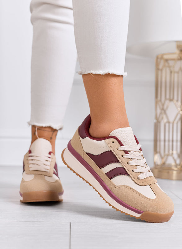 BIELLA - Sneakers fango in tessuto con dettagli bordeaux e suola in gomma