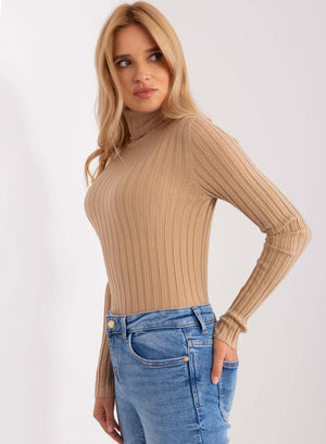 Ribbed mud-colored turtleneck sweater