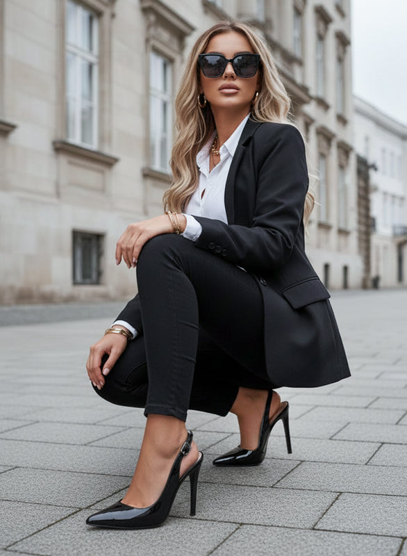 SHADOW - Zapatos de salón negros de charol con correa slingback y tacón de 12 cm