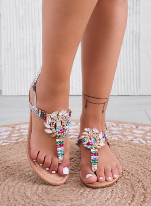 HELLEN - Silver jeweled thong sandals with multicolor stones