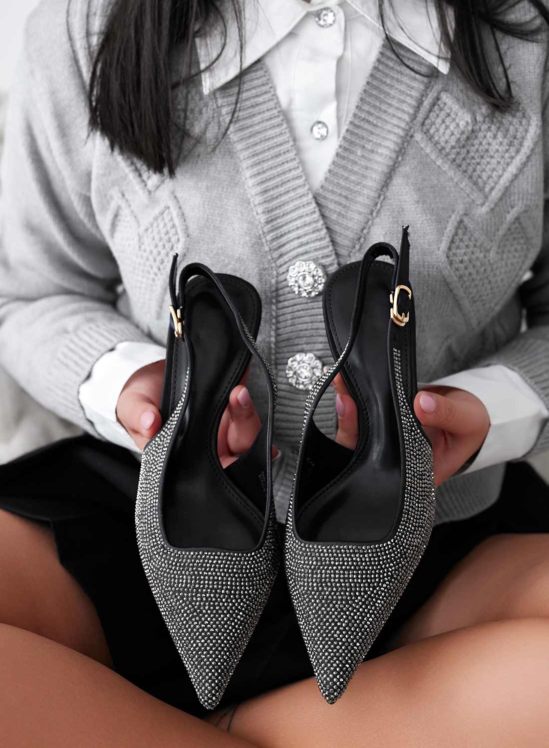 BORNEO - Escarpins slingback noirs ornés de bijoux