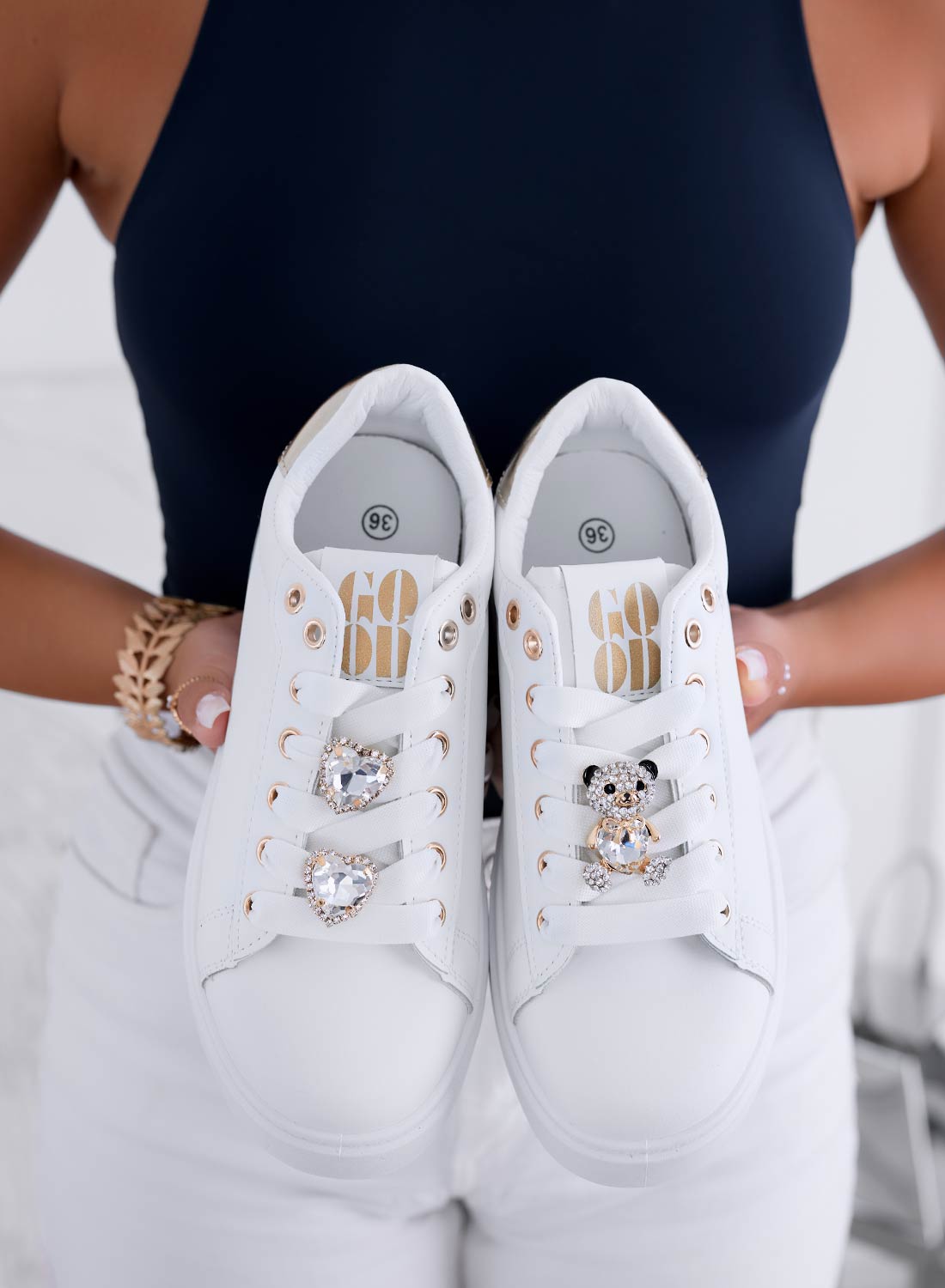 LOIRE - White sneakers with platform, rhinestones, and gold heel