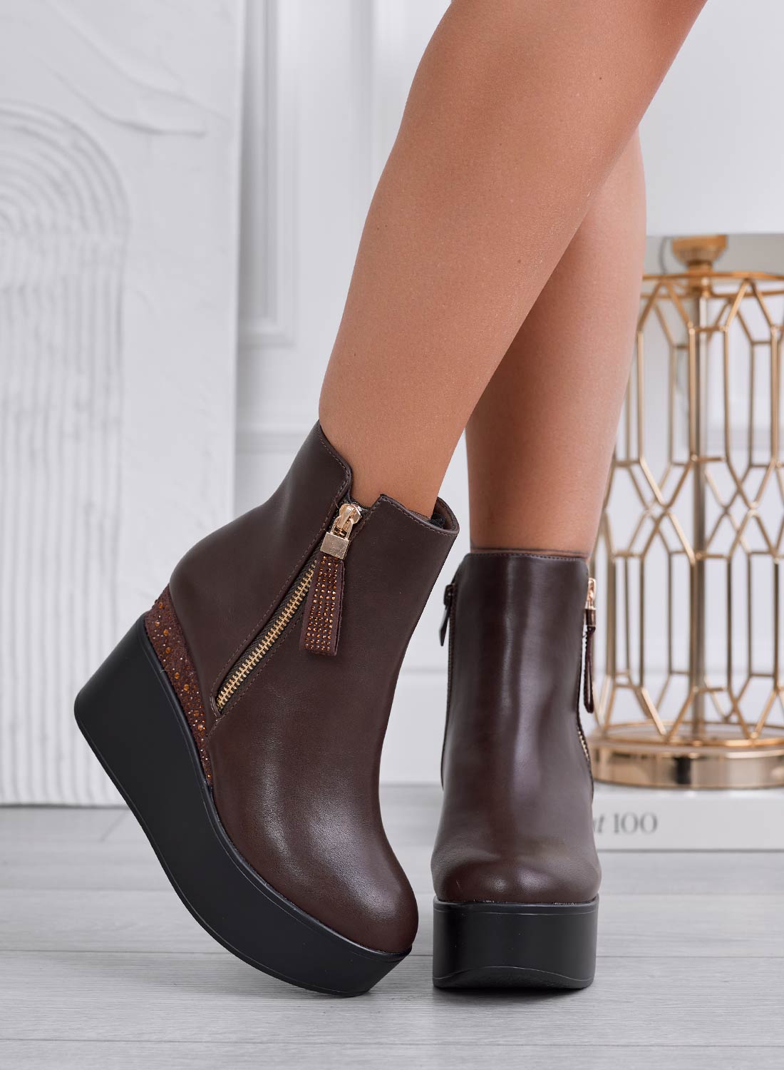 MARGHERITA - Brown ankle boots with wedge heel and rhinestones