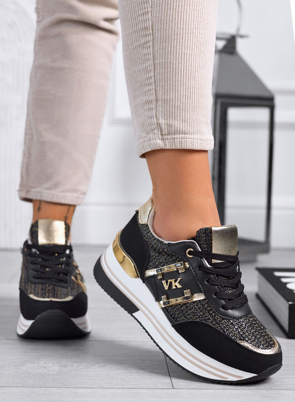 ASIA - Sneakers nere con inserti in tessuto laminato oro