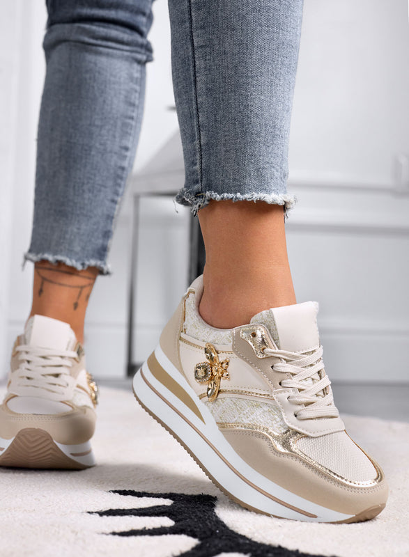 CARMEN - Sneakers beige con ape gioiello oro