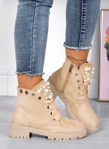 LEANNA - Beige low ankle boots Alexoo with pearls and stones