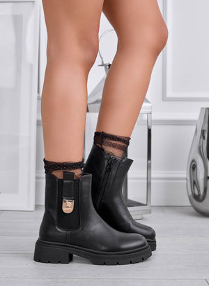 EMILIANA - Black ankle boots with side elastic and gold detail