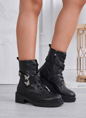 IVON - Black combat ankle boots with silver butterflies
