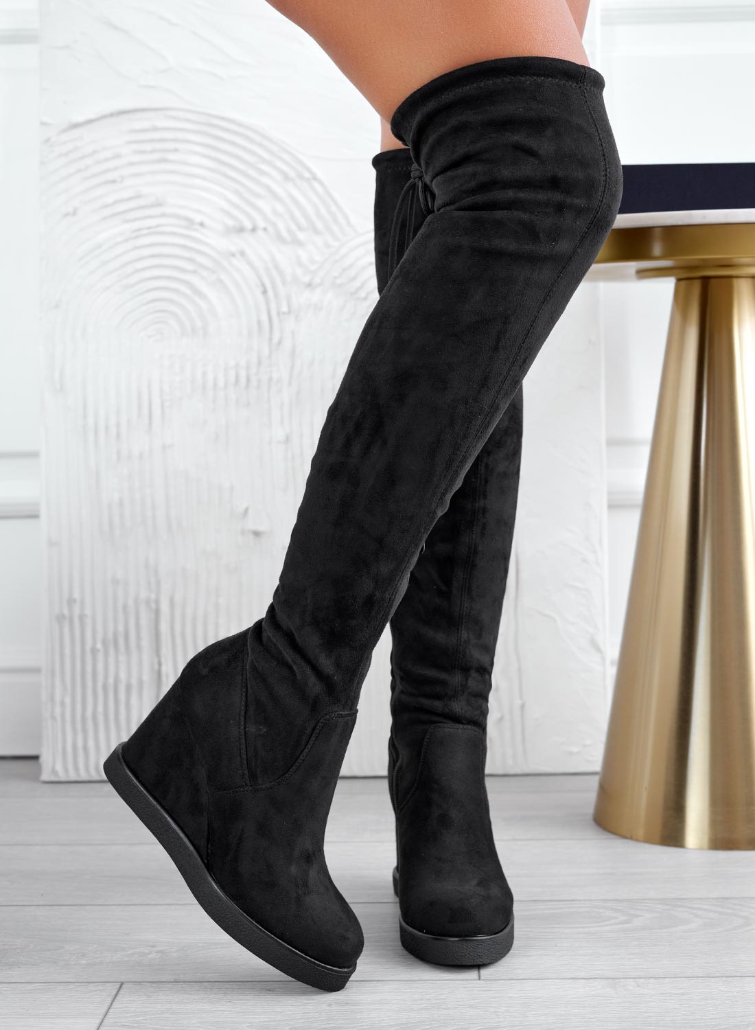 LESLIE - Black suede over-the-knee wedge boots