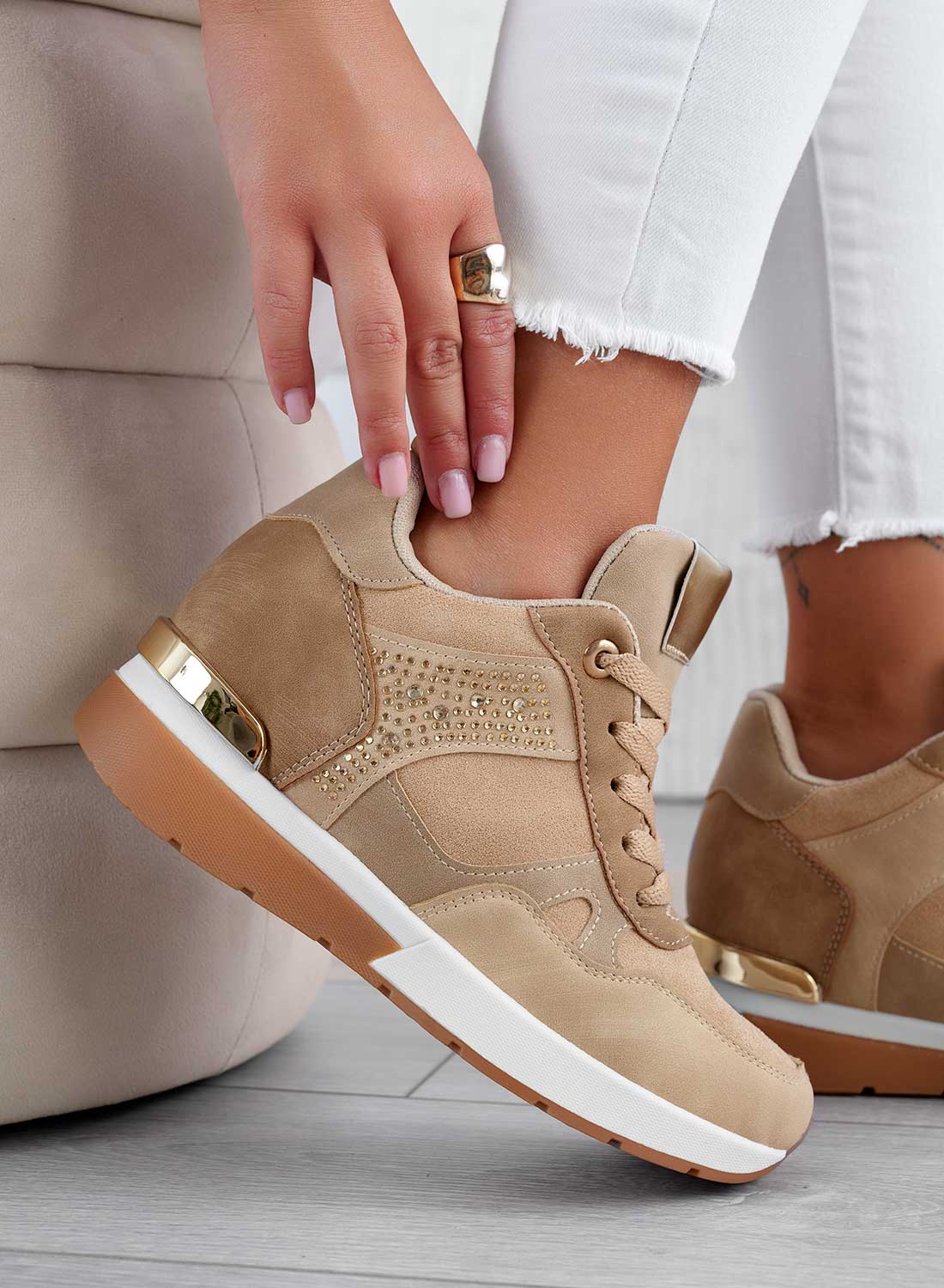 Beige sneakers with rhinestones