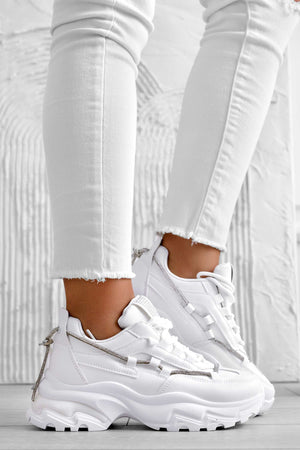 White sneakers with high sole and rhinestones