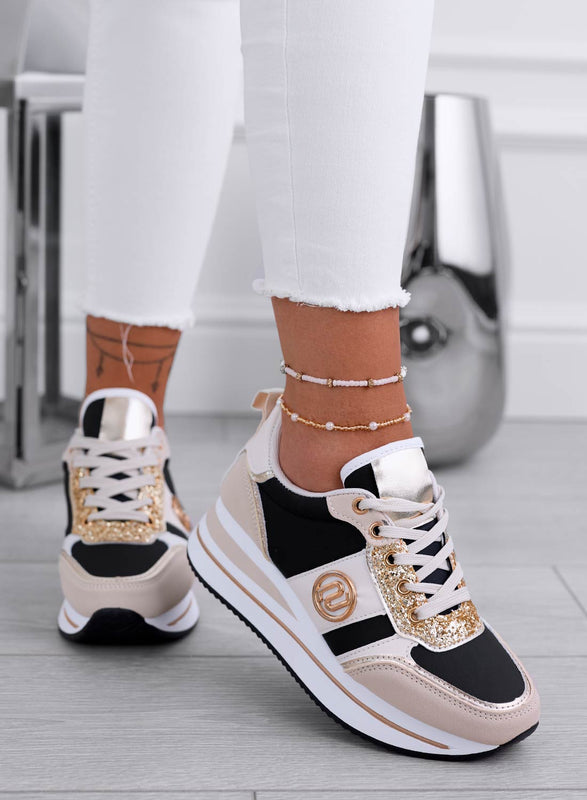 LOPEZ - Sneakers beige con pannelli a contrasto neri e glitter oro