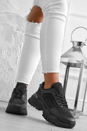 Black sneakers with thick sole and rhinestones