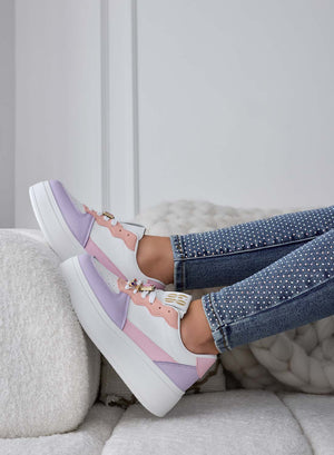 White sneakers with lilac inserts and jewel applications