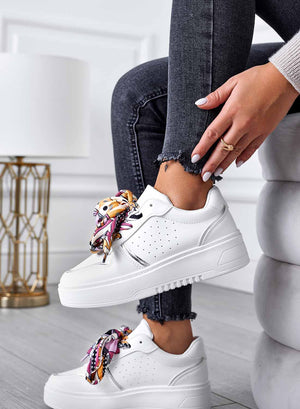 White sneakers with multicolor fabric laces