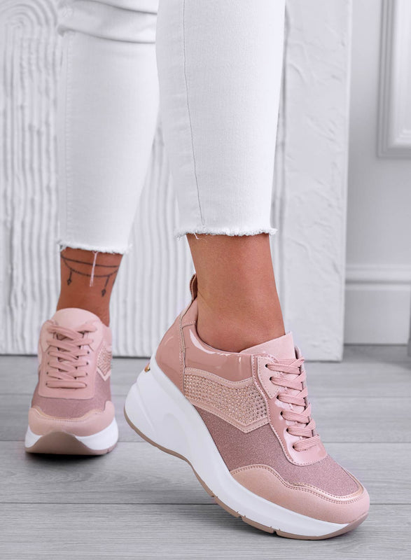 XENIA - Sneakers rosa con zeppa e strass