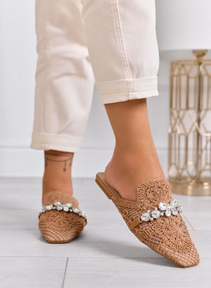 ORIETTA - Mud lace mules with rhinestones and square toe