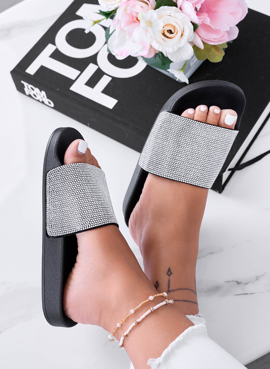 BECKY - Black slide sandals with rhinestone strap
