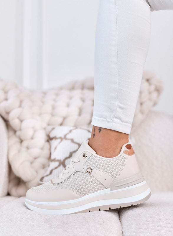 AGATA - Beige Platform Sneakers with Laminated Fabric Details