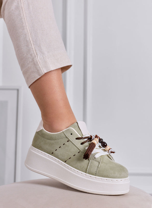 ANDREA - Sage Green Platform Sneakers with Applications