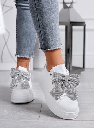 BELGA - White sneakers with silver rhinestone bow