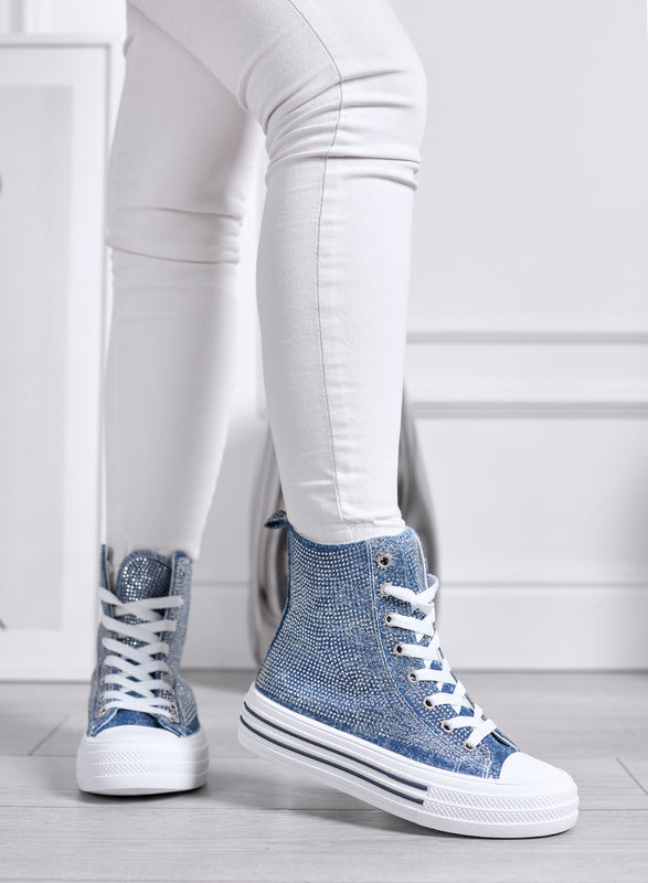 ROSALIA - Baskets montantes bleu jean avec strass et semelle plateforme