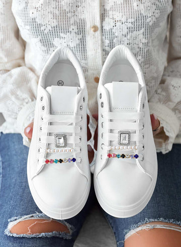 White sneakers with jewel appliqué and silver heel