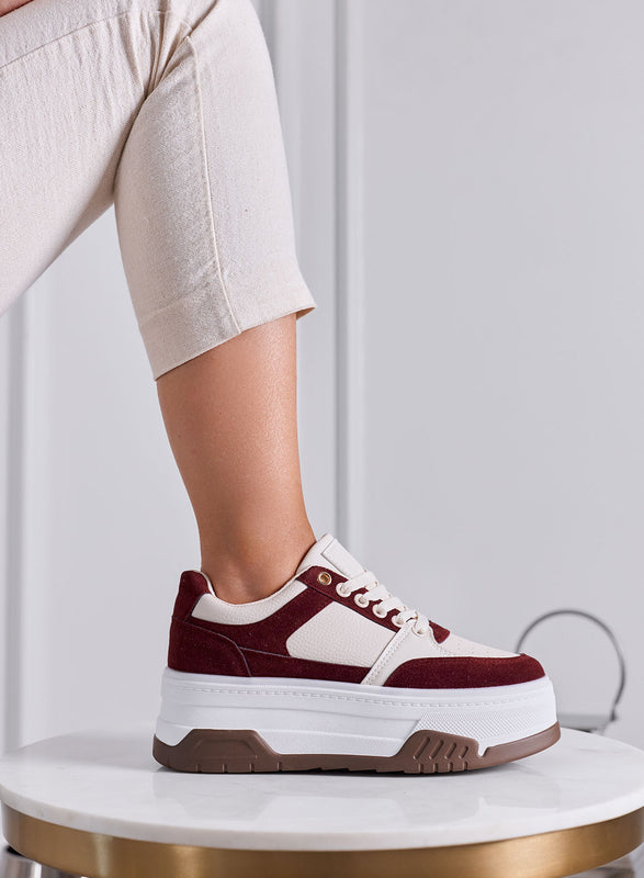 BONNIE - Sneakers Donna Bordeaux e Beige con Suola Platform