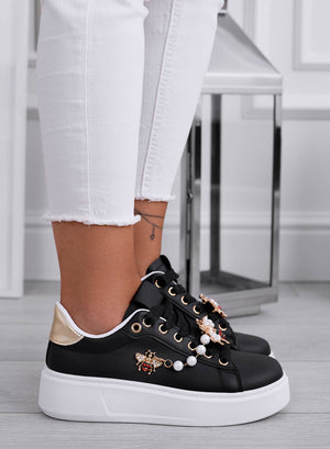 LILIANA - Black sneakers with gold heel and jeweled bee embellishment