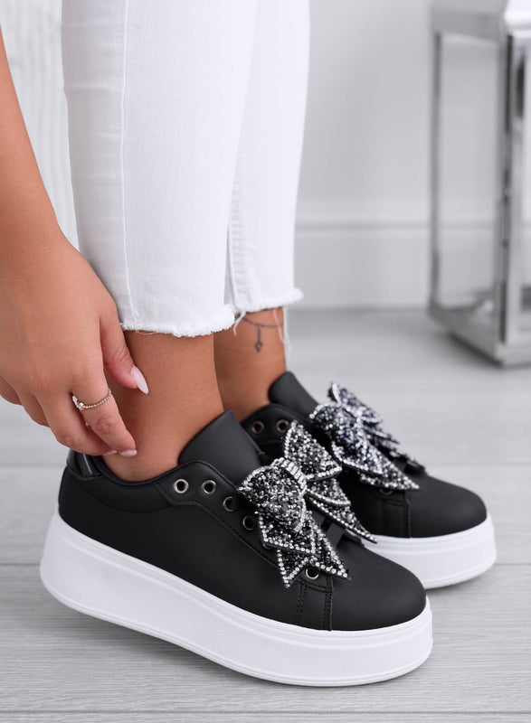 CRYSTAL - Sneakers nere con zeppa e fiocco gioiello argento