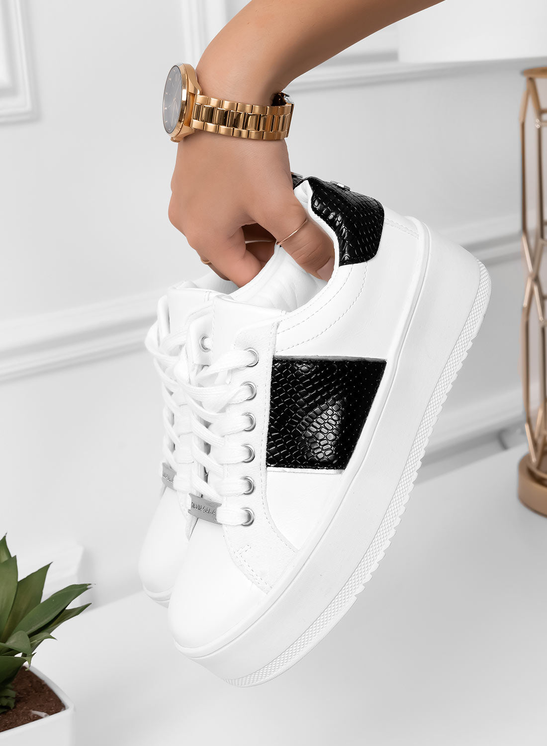 MORENA - White sneakers with black python-effect inserts