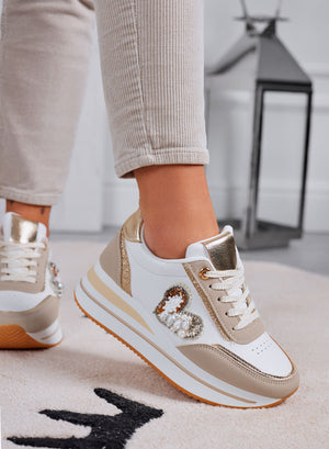 LORELLA - Beige sneakers with jeweled heart embellishment