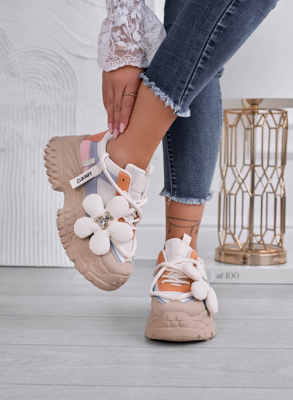 EUGENIA - Sneakers beige a più colori con fiore e teddy gioiello