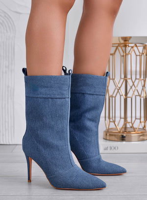 Blue denim ankle boots with high heel