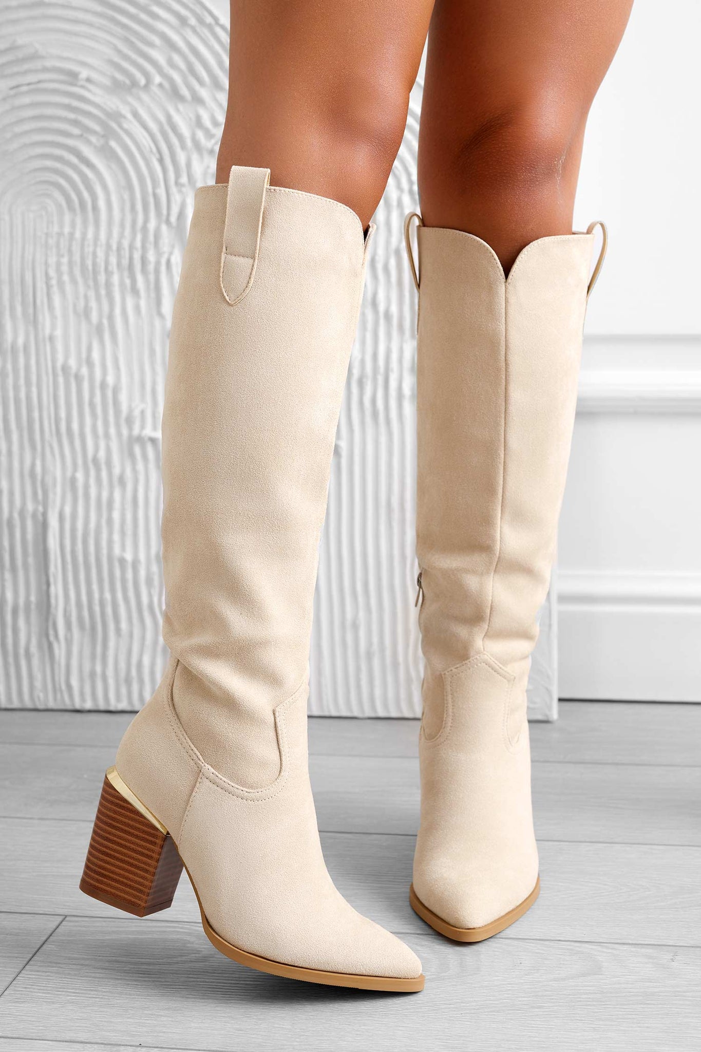 Beige suede boots with faux wood heel