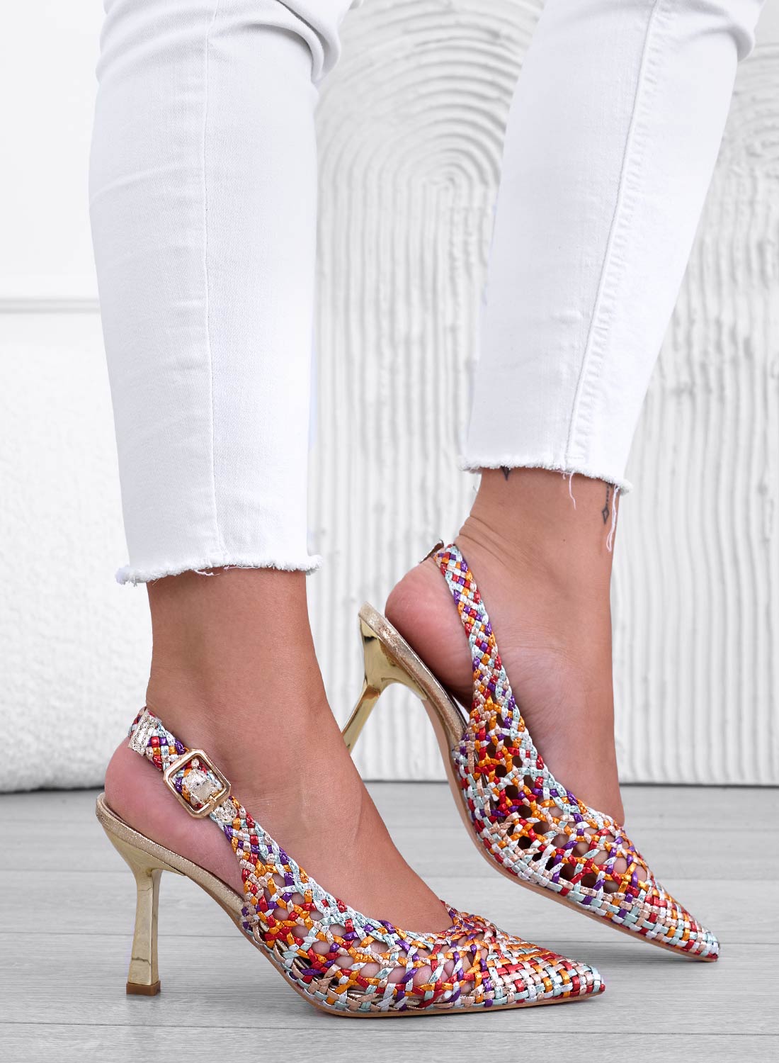 PERRY - Multicolor slingback pumps with high gold heel