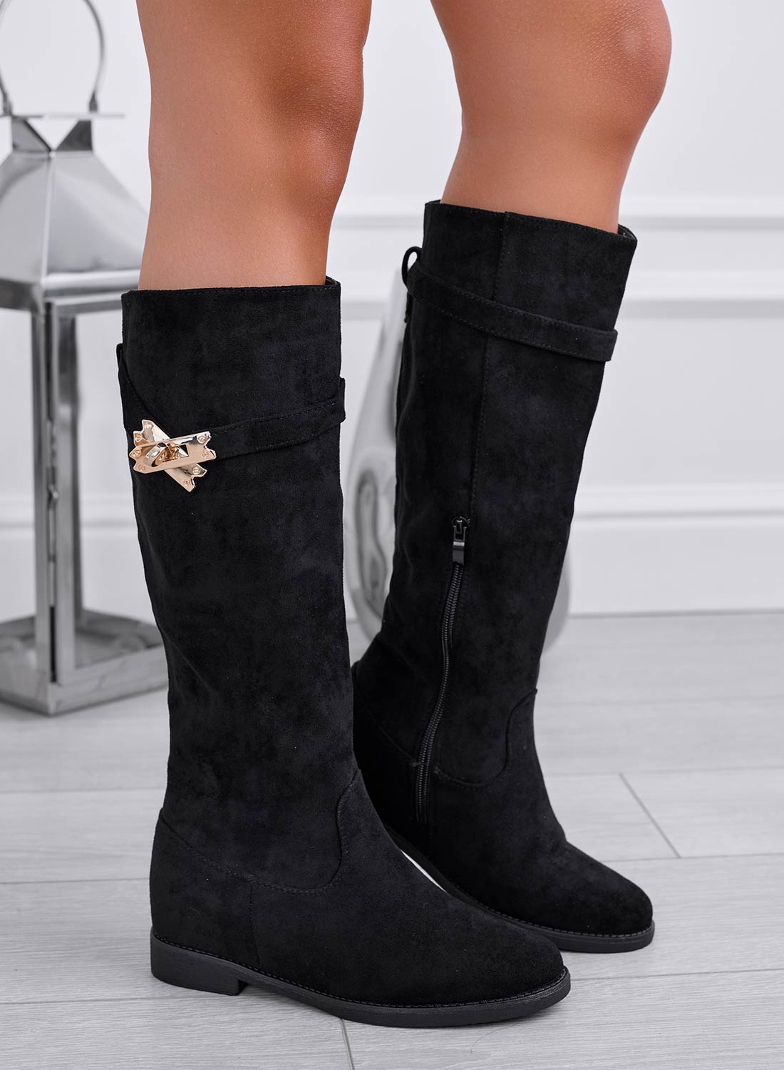 ARENA - Black suede boots with gold plate