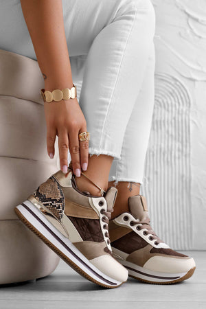 Brown sneakers with python inserts and internal wedge