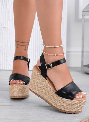 SERENITY - Black wedge sandals with ankle strap